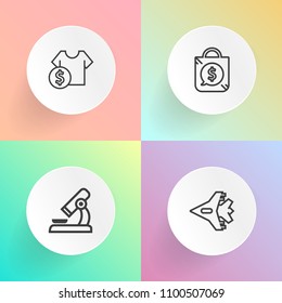 Modern, simple vector icon set on gradient backgrounds with jetliner, medicine, travel, sky, science, flight, transportation, discount, biology, purchase, clothes, airplane, research, experiment icons