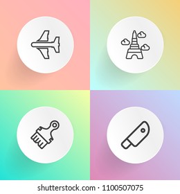 Modern, simple vector icon set on gradient backgrounds with , sharp, tourism, blade, city, urban, fly, tower, steel, jet, object, knife, cut, europe, food, black, france, tool, cook, cooking icons