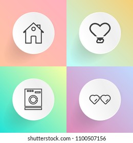 Modern, simple vector icon set on gradient backgrounds with equipment, appliance, sign, housework, construction, family, white, object, machine, vision, property, shape, new, black, style, sun icons