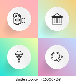 Modern, simple vector icon set on gradient backgrounds with island, sea, space, skydiving, camcorder, parachute, skydiver, film, flight, nature, fly, movie, sport, moon, light, summer, high, air icons