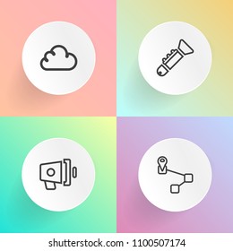 Modern, simple vector icon set on gradient backgrounds with button, navigation, internet, bullhorn, loud, music, announcement, pin, communication, technology, musical, classical, web, audio, gps icons