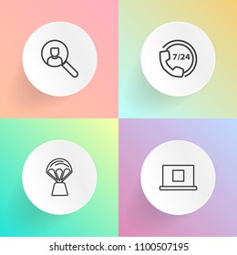 Modern, simple vector icon set on gradient backgrounds with journey, web, air, operator, user, online, website, person, screen, help, support, technology, account, headset, phone, flying, laptop icons