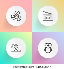 Modern, simple vector icon set on gradient backgrounds with radio, wealth, health, dollar, heat, wind, cooler, media, air, specialist, investment, care, medical, audio, volume, cash, player, fan icons