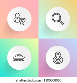 Modern, simple vector icon set on gradient backgrounds with cruise, motor, gps, social, find, application, pointer, yacht, sign, magnifying, nautical, wave, point, limits, profile, location, sea icons