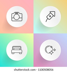 Modern, simple vector icon set on gradient backgrounds with nature, festival, film, sky, black, video, fire, event, space, pillow, media, year, lens, bed, house, light, equipment, background icons