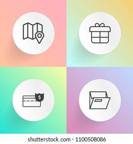 Modern, simple vector icon set on gradient backgrounds with cash, concept, place, banking, ribbon, celebration, marker, holiday, office, empty, web, decoration, coin, bank, pin, navigation, open icons