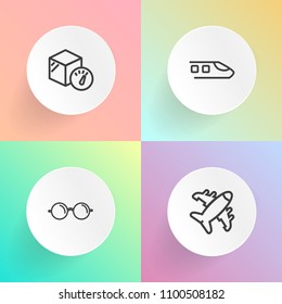 Modern, simple vector icon set on gradient backgrounds with eye, rail, transportation, railway, container, glasses, airplane, locomotive, frame, jet, view, track, transport, vision, sky, white icons