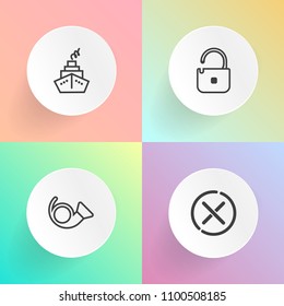 Modern, simple vector icon set on gradient backgrounds with internet, cancel, musician, concept, padlock, safe, safety, negative, equipment, trumpet, shape, sound, white, brass, circle, wind,  icons