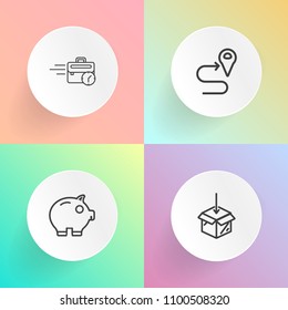 Modern, simple vector icon set on gradient backgrounds with map, account, package, internet, person, job, route, professional, technology, business, piggy, location, navigation, pointer, cash icons
