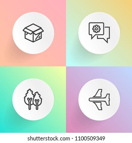 Modern, simple vector icon set on gradient backgrounds with forest, wood, tree, airplane, application, chat, house, fly, passenger, nature, carton, home, delivery, plant, cardboard, web, box icons