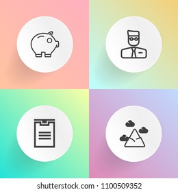 Modern, simple vector icon set on gradient backgrounds with coin, financial, economy, package, nature, box, money, hill, save, mountain, social, scenic, business, container, piggy, peak, profile icons