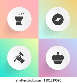 Modern, simple vector icon set on gradient backgrounds with breakfast, muffin, south, percussion, navigation, doughnut, concert, sound, work, pastry, drum, cafe, job, chocolate, occupation, menu icons
