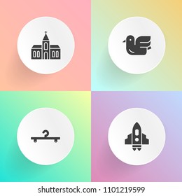 Modern, simple vector icon set on gradient backgrounds with christianity, architecture, science, faith, store, flight, technology, church, blue, chapel, bird, launch, spacecraft, satellite, coat icons