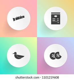 Modern, simple vector icon set on gradient backgrounds with flying, black, trumpet, music, bird, freedom, snack, group, harp, pictogram, candy, white, animal, button, tasty, natural, instrument icons