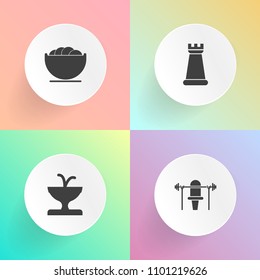 Modern, simple vector icon set on gradient backgrounds with fitness, art, bodybuilding, knight, heavy, sculpture, landscape, statue, dumbbell, exercise, city, king, sport, kitchen, lunch, weight icons