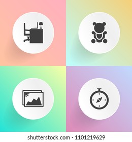 Modern, simple vector icon set on gradient backgrounds with space, childhood, frame, east, fur, south, fluffy, table, fun, compass, photography, notebook, retro, top, brown, office, cute, animal icons