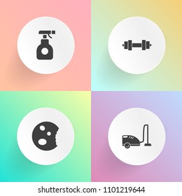 Modern, simple vector icon set on gradient backgrounds with muffin, sprayer, agriculture, weight, dumbbell, bakery, vacuum, industry, spray, chocolate, housework, domestic, pesticide, care, gym icons