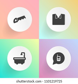 Modern, simple vector icon set on gradient backgrounds with technology, connection, steel, contact, clothing, support, call, carpentry, garment, ring, industry, ringing, style, home, shower, new icons