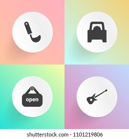 Modern, simple vector icon set on gradient backgrounds with cook, car, signboard, ladle, kitchen, kitchenware, musician, white, object, food, tool, vehicle, market, equipment, utensil, retail icons