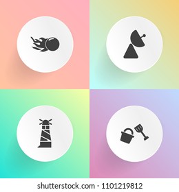 Modern, simple vector icon set on gradient backgrounds with star, navigation, network, pail, light, ocean, building, bucket, meteor, equipment, wireless, galaxy, space, lighthouse, signal, spade icons