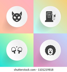 Modern, simple vector icon set on gradient backgrounds with play, station, fiction, petrol, funny, horror, ufo, character, object, fantasy, sport, makeup, holiday, competition, table, scary, oil icons