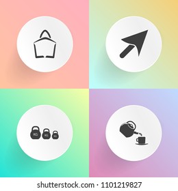 Modern, simple vector icon set on gradient backgrounds with arrow, element, lifting, press, cursor, buy, pointer, leaf, click, dumbbell, technology, , shop, gift, restaurant, cafe, bag, fitness icons
