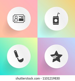Modern, simple vector icon set on gradient backgrounds with contact, man, security, shape, id, graphic, food, name, identification, star, glass, spoon, beverage, refreshment, web, soup, pass icons