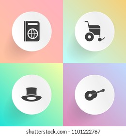 Modern, simple vector icon set on gradient backgrounds with vacation, travel, hat, document, journey, handicap, care, musician, stamp, business, object, sign, head, disability, song, cap, rock icons