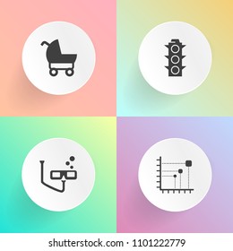 Modern, simple vector icon set on gradient backgrounds with transportation, red, carriage, family, snorkel, stroller, wheel, sign, mask, childhood, travel, chart, light, graph, sport, green, sea icons