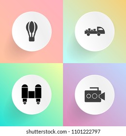 Modern, simple vector icon set on gradient backgrounds with satellite, aircraft, shipping, flight, record, video, launch, movie, retro, exploration, parachute, balloon, van, professional, film icons