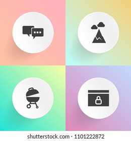Modern, simple vector icon set on gradient backgrounds with meat, hot, peak, grilled, barbecue, grill, fire, dialog, steak, party, talk, scenic, bbq, secure, dialogue, food, speech, padlock, top icons