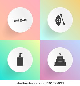 Modern, simple vector icon set on gradient backgrounds with white, clean, transportation, spray, delivery, canoeing, bakery, cake, dessert, sugar, delicious, transport, auto, pie, rowing, van icons