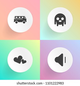 Modern, simple vector icon set on gradient backgrounds with road, creature, shape, greeting, music, character, day, traffic, street, fiction, technology, transport, romantic, heart, speed, space icons