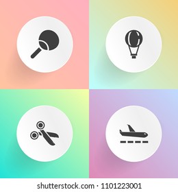 Modern, simple vector icon set on gradient backgrounds with airplane, scissors, tool, airport, departure, baggage, parachuting, sport, luggage, competitive, air, transport, transportation, table icons