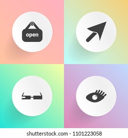 Modern, simple vector icon set on gradient backgrounds with sign, young, open, market, smile, body, banner, smart, pointer, finger, face, arrow, shop, hand, internet, beauty, retail, door, woman icons