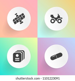 Modern, simple vector icon set on gradient backgrounds with extreme, security, spaceship, orbit, science, world, technology, planet, card, vitamin, international, antibiotic, painkiller, man, id icons