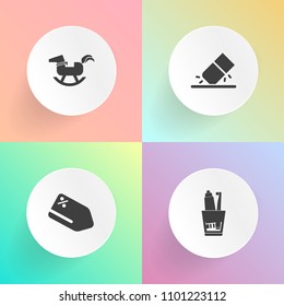 Modern, simple vector icon set on gradient backgrounds with label, erase, hygiene, price, rocking, drawing, office, discount, medicine, coupon, white, tooth, equipment, toothpaste, teddy, change icons
