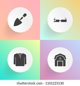 Modern, simple vector icon set on gradient backgrounds with farm, sign, rural, hammer, concept, instrument, tool, mountains, screwdriver, forest, outdoors, clothing, barn, staple, wrench, shirt icons