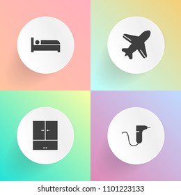 Modern, simple vector icon set on gradient backgrounds with closet, airliner, motel, hospital, airplane, health, wardrobe, dental, clinic, bedroom, transportation, white, medicine, hotel, tool icons