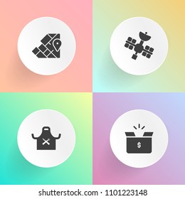 Modern, simple vector icon set on gradient backgrounds with atlas, silhouette, australia, pack, container, restaurant, open, cartography, shipping, africa, empty, communication, food, white, box icons