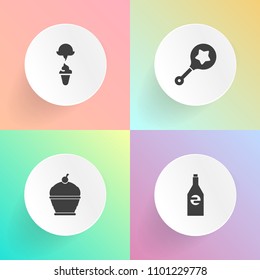 Modern, simple vector icon set on gradient backgrounds with kid, vanilla, water, cake, milk, liquid, glass, play, newborn, dessert, soda, rattle, cream, summer, fun, shake, product, cold, drink icons