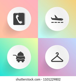 Modern, simple vector icon set on gradient backgrounds with hook, hotel, contact, book, juice, store, coat, object, clothes, hanger, white, airplane, plane, beverage, web, luggage, clothing, bed icons
