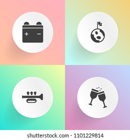 Modern, simple vector icon set on gradient backgrounds with sound, wine, planet, power, night, technology, trumpet, concert, white, red, electrical, pour, earth, horn, merlot, wineglass, music icons