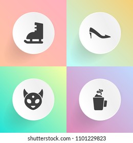 Modern, simple vector icon set on gradient backgrounds with sign, heel, fantasy, winter, skate, coffee, footwear, figure, espresso, elegance, cup, beverage, extraterrestrial, mug, space, shoe icons