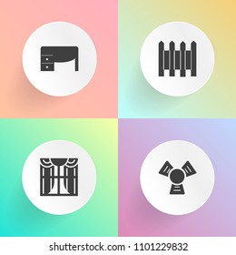 Modern, simple vector icon set on gradient backgrounds with room, work, keyboard, top, table, wall, luxury, cold, old, plastic, metal, house, floor, drink, window, space, cooler, notebook, light icons
