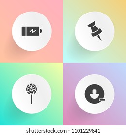 Modern, simple vector icon set on gradient backgrounds with color, candy, web, people, food, striped, power, profile, pin, mark, charge, half, electricity, sugar, remove, lollipop, pictogram icons