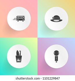 Modern, simple vector icon set on gradient backgrounds with road, urban, music, voice, sign, sound, city, motion, dentist, brush, traffic, microphone, care, entertainment, speed, car, transport icons