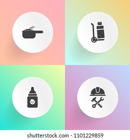 Modern, simple vector icon set on gradient backgrounds with milk, service, bottle, cargo, stew, food, box, business, kid, cuisine, plastic, child, occupation, pot, building, meat, nipple, site icons