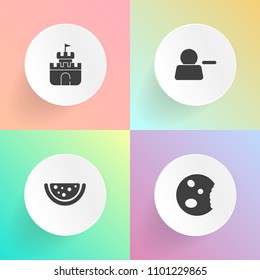 Modern, simple vector icon set on gradient backgrounds with beach, muffin, pastry, doughnut, yellow, account, sign, cookie, healthy, pictogram, toy, dessert, sweet, background, tool, vacation icons
