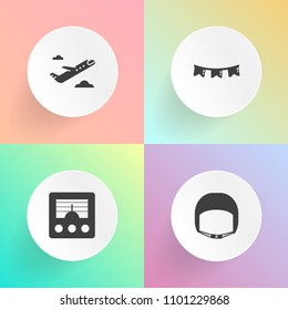 Modern, simple vector icon set on gradient backgrounds with work, trip, airplane, aircraft, happy, transportation, celebration, holiday, safety, communication, engineer, equipment, transport icons